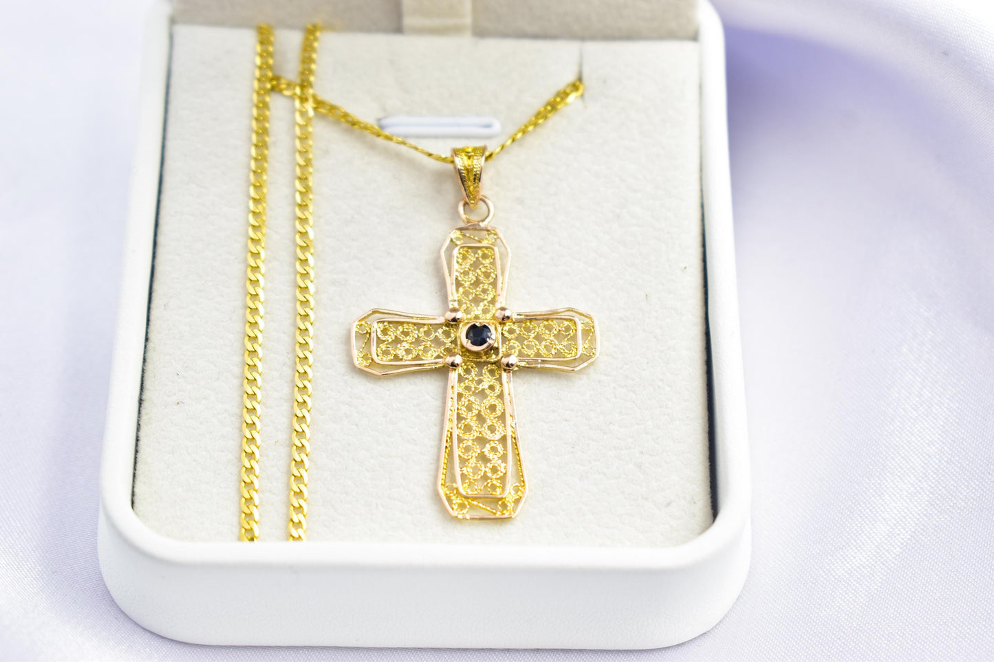 γυναικα Byzantine 14K Gold Cross with Natural Sapphire | Handmade Filigree Orthodox Pendant | Baptism Gift | Unisex Necklace with Optional 14K Chain