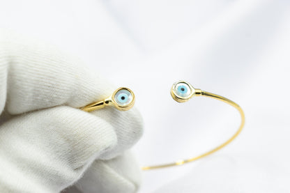 14K Gold Evil Eye Bracelet,Bangle Mother of Pearl Evil Eye,Lucky Bracelet,Blue Eye Bangle,Protective Gift for Everyday Use,Gold Eye Bracelet