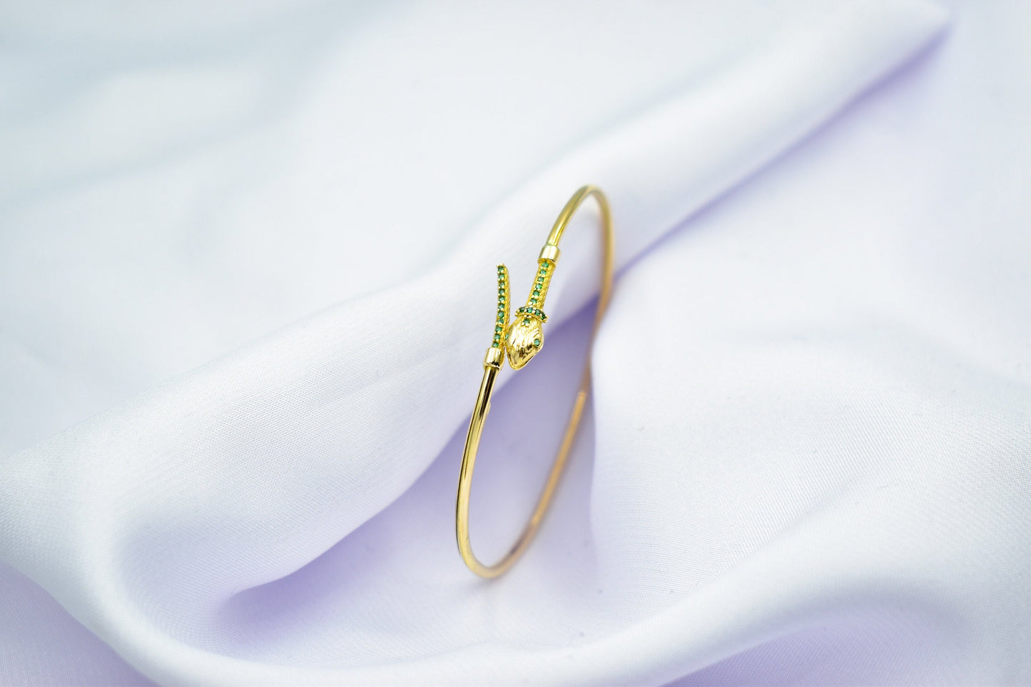 14K Gold Snake Bracelet with Green Zircons-Serpent-Inspired Luxury Jewelry-Unique Gift for Mom & Her-Handcrafted Serpent Bracelet