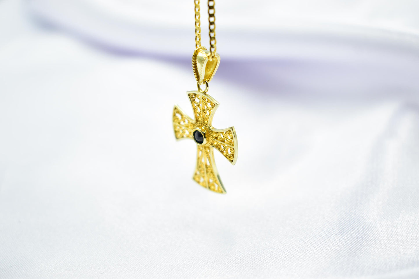 γυναικα Byzantine 14K Gold Cross with Natural Sapphire | Handmade Filigree Orthodox Pendant | Baptism Gift | Unisex Necklace with Optional 14K Chain