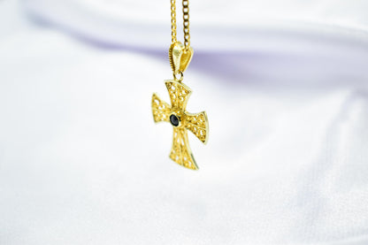 γυναικα Byzantine 14K Gold Cross with Natural Sapphire | Handmade Filigree Orthodox Pendant | Baptism Gift | Unisex Necklace with Optional 14K Chain