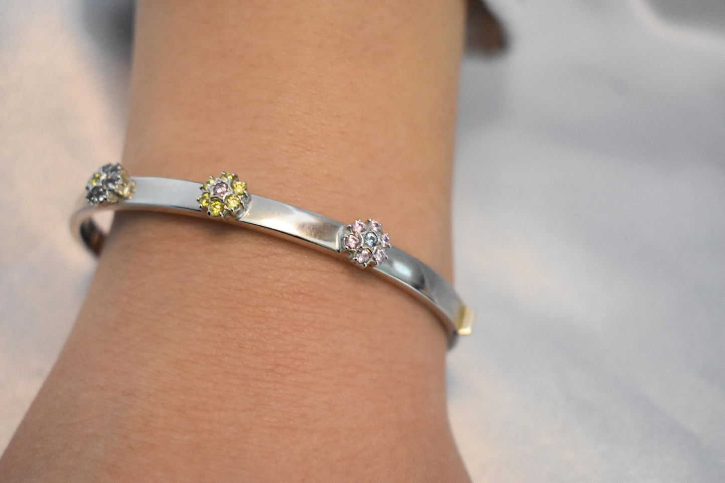 14K White Solid Gold Bracelet with Flower Zircons,Birthstone Bangle for Women,Wedding & Engagement Bracelet,Gold Flower Bracelet for Her