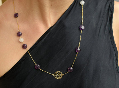 Χρυσό Κολιέ με Αμέθυστους και Μοτίβο 14Κ