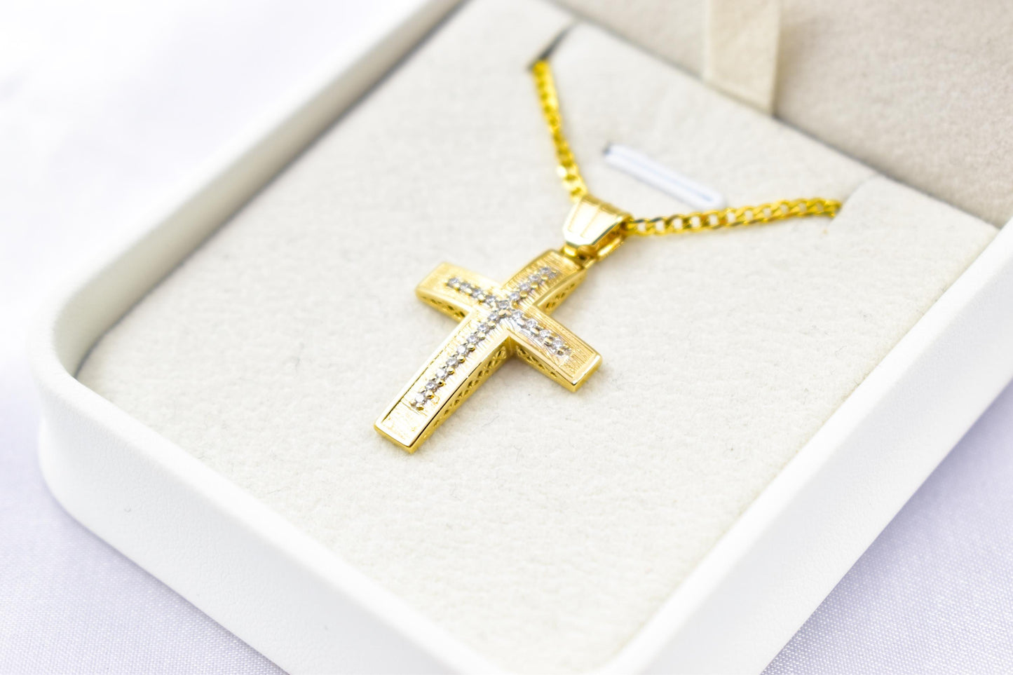 γυναικα 14K Gold Cross Pendant with Zircon Stones | Handcrafted Christian Jewellery | Dual-Sided Design | Includes 14K Gold Chain,Baptism Gift