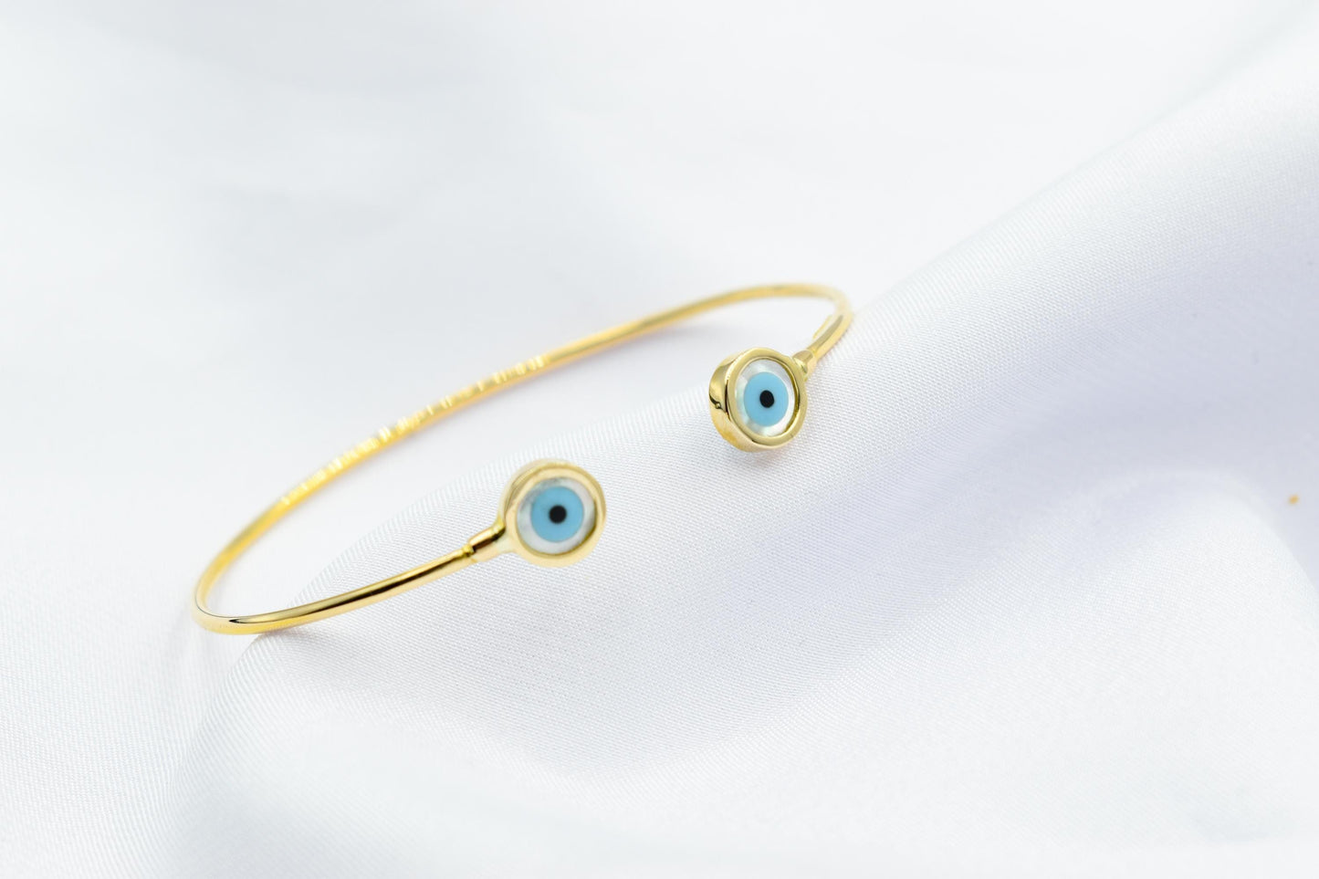 14K Gold Evil Eye Bracelet,Bangle Mother of Pearl Evil Eye,Lucky Bracelet,Blue Eye Bangle,Protective Gift for Everyday Use,Gold Eye Bracelet