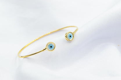 14K Gold Evil Eye Bracelet,Bangle Mother of Pearl Evil Eye,Lucky Bracelet,Blue Eye Bangle,Protective Gift for Everyday Use,Gold Eye Bracelet