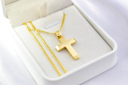 Ανδρικοί Σταυροί 9K Solid Gold Cross Pendant with 14K Chain – Double-Sided Hammered & Polished Cross – Christian Necklace for Men or Women – Baptism Gift