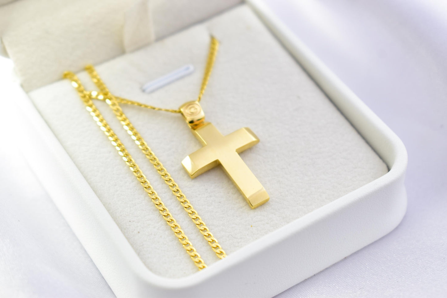 Ανδρικοί Σταυροί 9K Solid Gold Cross Pendant with 14K Chain – Double-Sided Hammered & Polished Cross – Christian Necklace for Men or Women – Baptism Gift