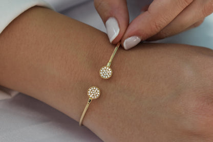 14K Solid Gold Open Bangle Bracelet Zircon or Diamond,Custom Fit Cuff Bracelet,Elegant Handmade Gold Jewellery,Gift for Her,Gift for Mom