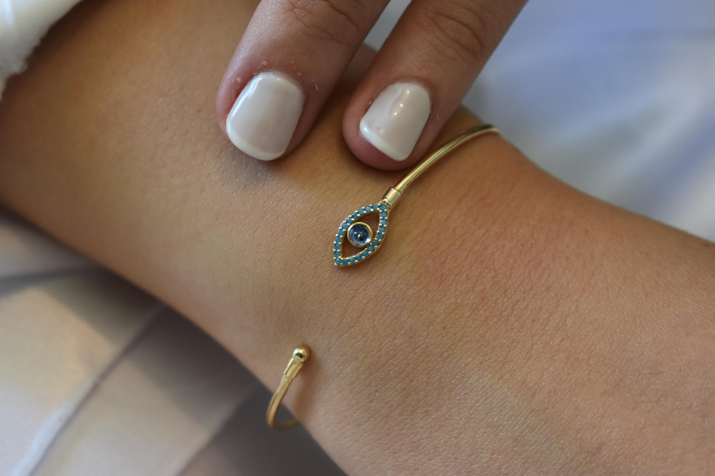 14K Gold Evil Eye Bangle Bracelet Turquoise,Gold Protective Bangle,Navy Evil Eye Gold Bangle Bracelet,Gold Bracelet for Mom & Her