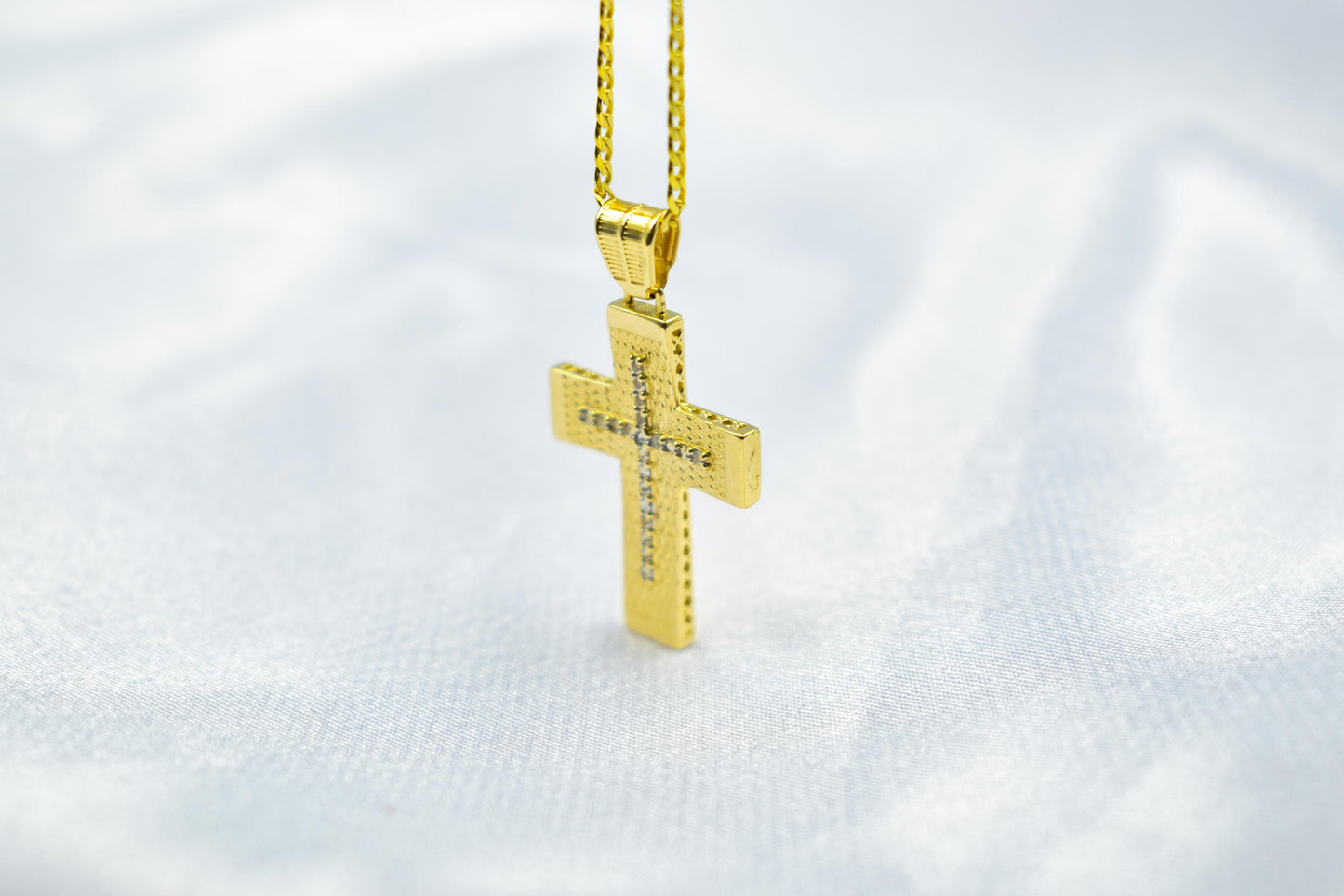 γυναικα 14K Gold Textured Cross Pendant with White Zircon Stones | Reversible Design | Elegant Christian Jewellery for Men  Women,Orthodox Cross
