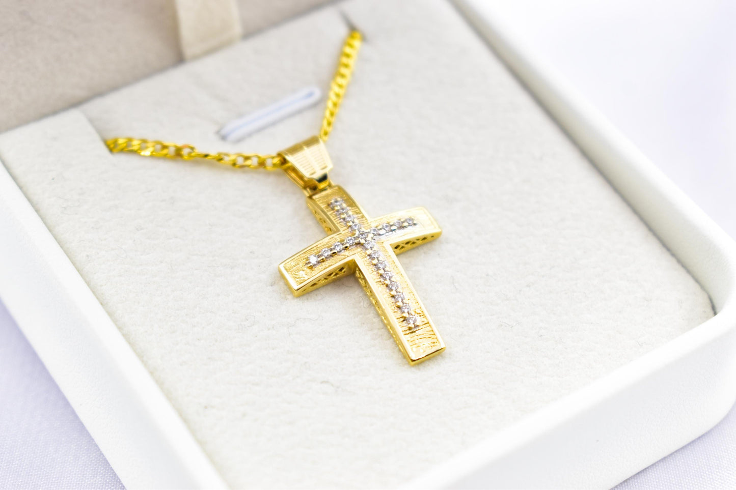 γυναικα 14K Gold Cross Pendant with Zircon Stones | Handcrafted Christian Jewellery | Dual-Sided Design | Includes 14K Gold Chain,Baptism Gift