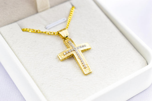 γυναικα 14K Gold Cross Pendant with Zircon Stones | Handcrafted Christian Jewellery | Dual-Sided Design | Includes 14K Gold Chain,Baptism Gift