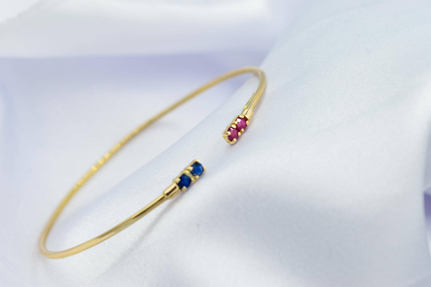 14K Gold Birthstone Cuff Bangle Bracelet,Natural Ruby and Sapphire Bracelet,Exclusive Minimalist Bracelet,Wedding & Engagement Gift for Her