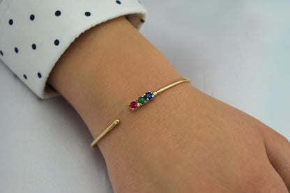 14K Gold Bracelet with Natural Ruby-Emerald-Sapphire,Dainty Cuff Bangle,Perfect Gift for Her,Minimalist Bracelet,Wedding & Engagement Jewel