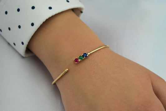 14K Gold Bracelet with Natural Ruby-Emerald-Sapphire,Dainty Cuff Bangle,Perfect Gift for Her,Minimalist Bracelet,Wedding & Engagement Jewel
