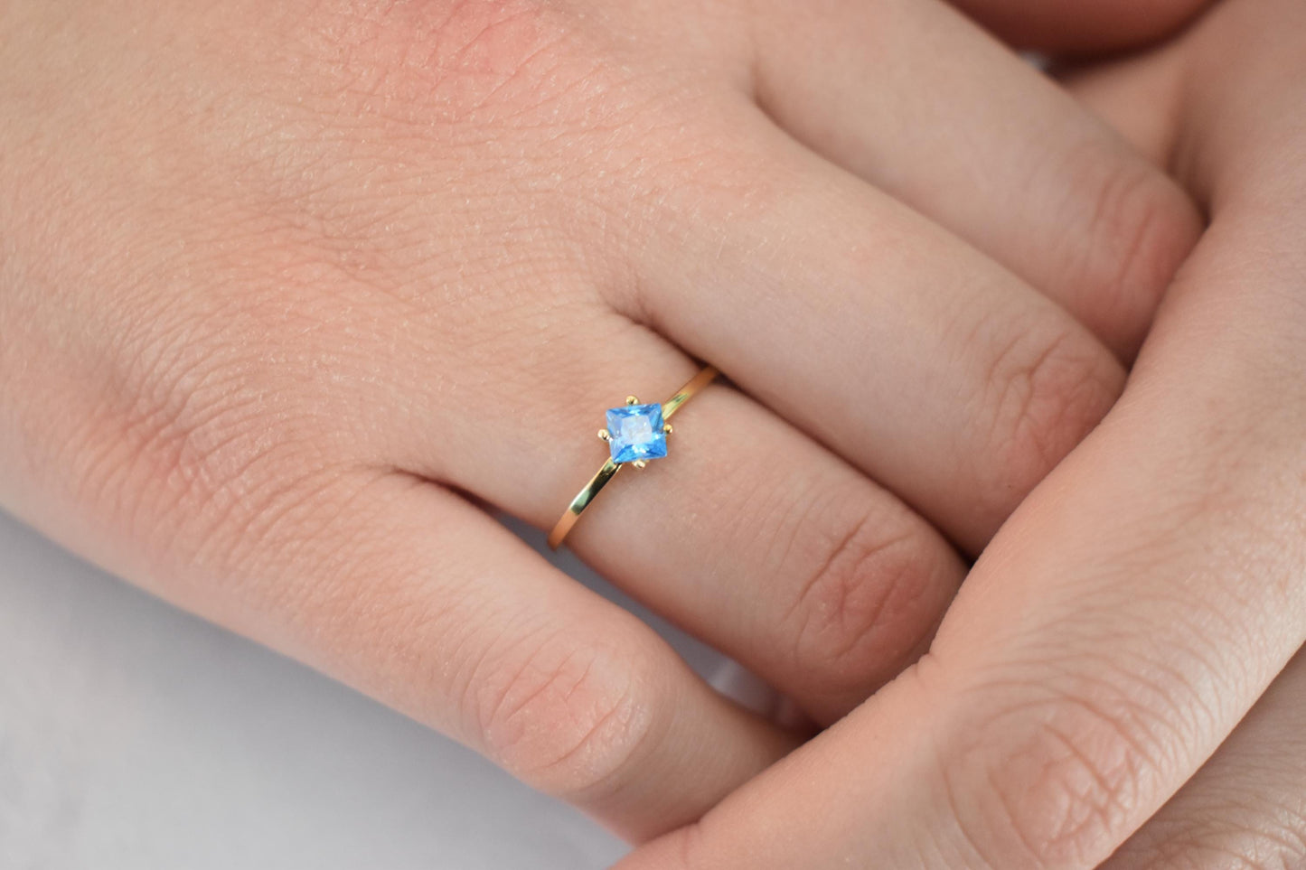 14K Solid Gold Thin Minimalist Ring–Square Light Blue Zircon,Stackable Jewellery Ring,Gold Band,Wedding & Engagement Minimal Ring for Her