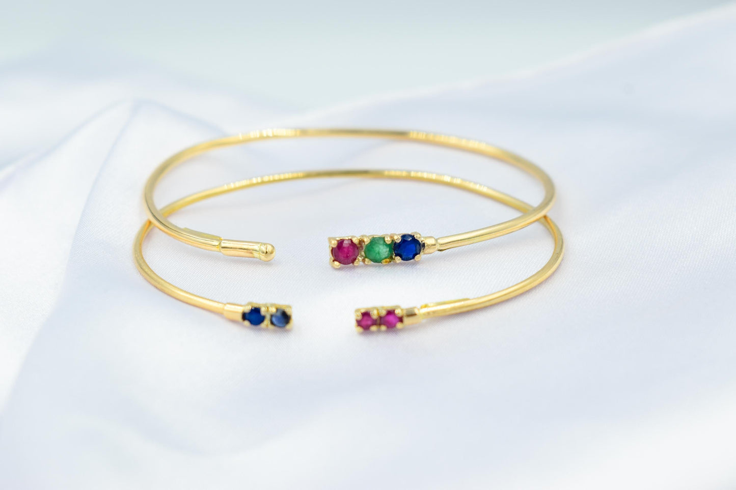 14K Gold Bracelet with Natural Ruby-Emerald-Sapphire,Dainty Cuff Bangle,Perfect Gift for Her,Minimalist Bracelet,Wedding & Engagement Jewel