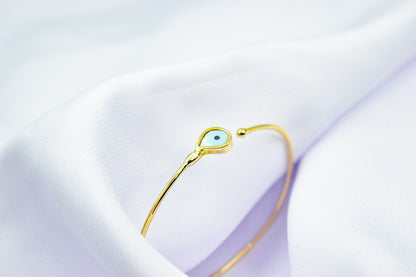 14K Gold Evil Eye Bracelet,Bangle Mother of Pearl Evil Eye,Lucky Blue Eye Bracelet,Protective Gift for Everyday Use,Gift for Mom & Her
