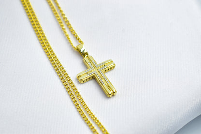 γυναικα 14K Solid Gold Cross Pendant,Necklace with Zircon,Elegant Christian Pendant,Baptism Religious Faith Jewelry,Godfather-Godmother Gift