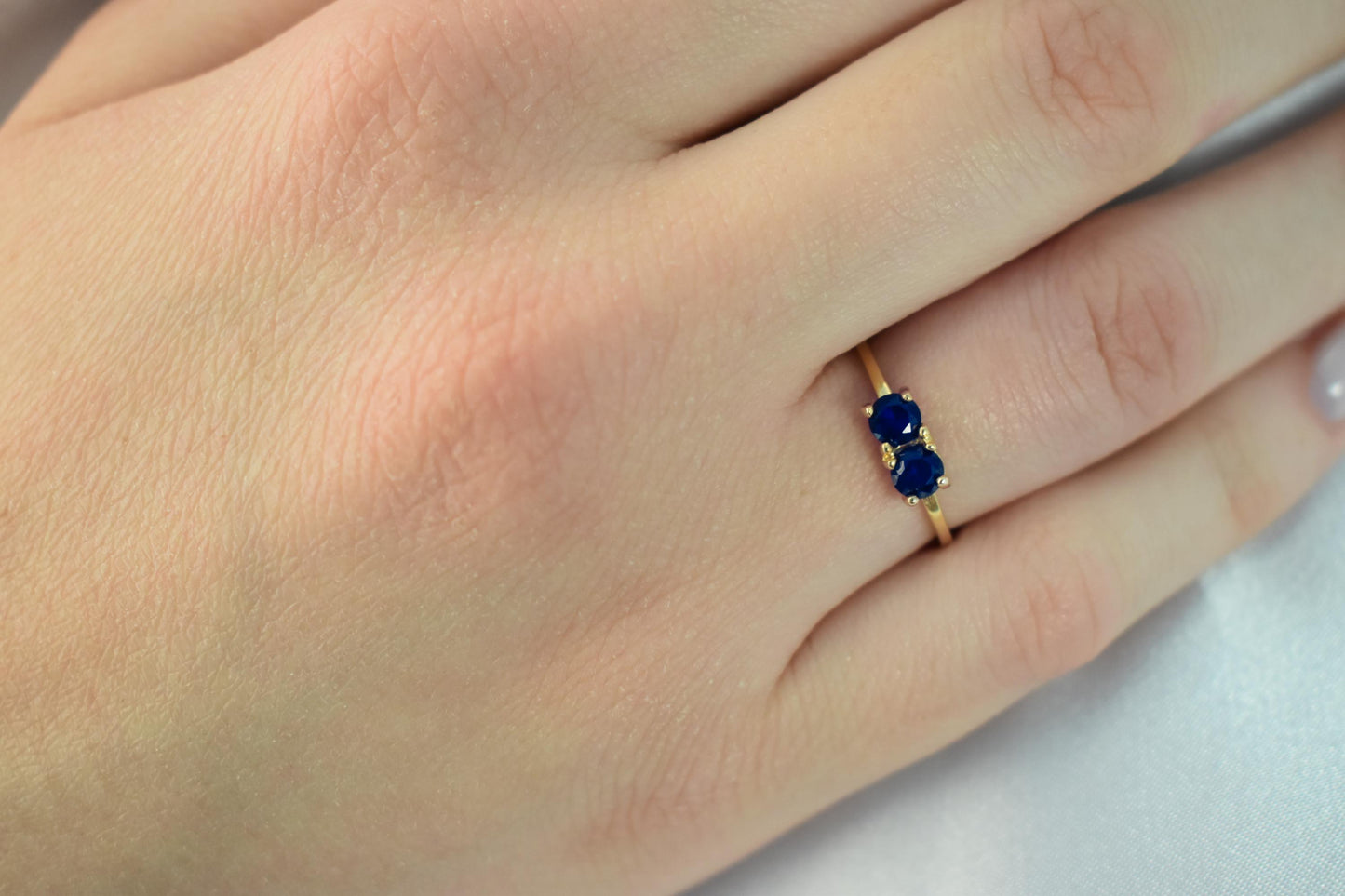 14K Solid Gold Thin Minimalist Ring–Two Round Dark Blue Zircons,Stackable Jewellery Ring,Gold Band,Wedding & Engagement Minimal Ring for Her