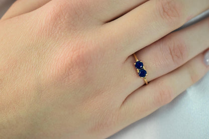 14K Solid Gold Thin Minimalist Ring–Two Round Dark Blue Zircons,Stackable Jewellery Ring,Gold Band,Wedding & Engagement Minimal Ring for Her