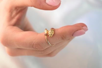 Χειροποίητο Δαχτυλίδι με Λιοντάρι με Ουρά & Κόκκινα Ζιργκόν