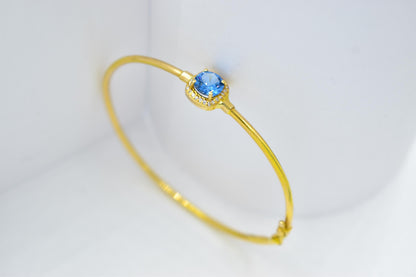 14K Gold Blue Zircon Bangle, Thin Gold Bracelet, Dainty Zircon Bracelet, Minimalist Gemstone Bangle, Gift for Her, Custom Gem Bangle