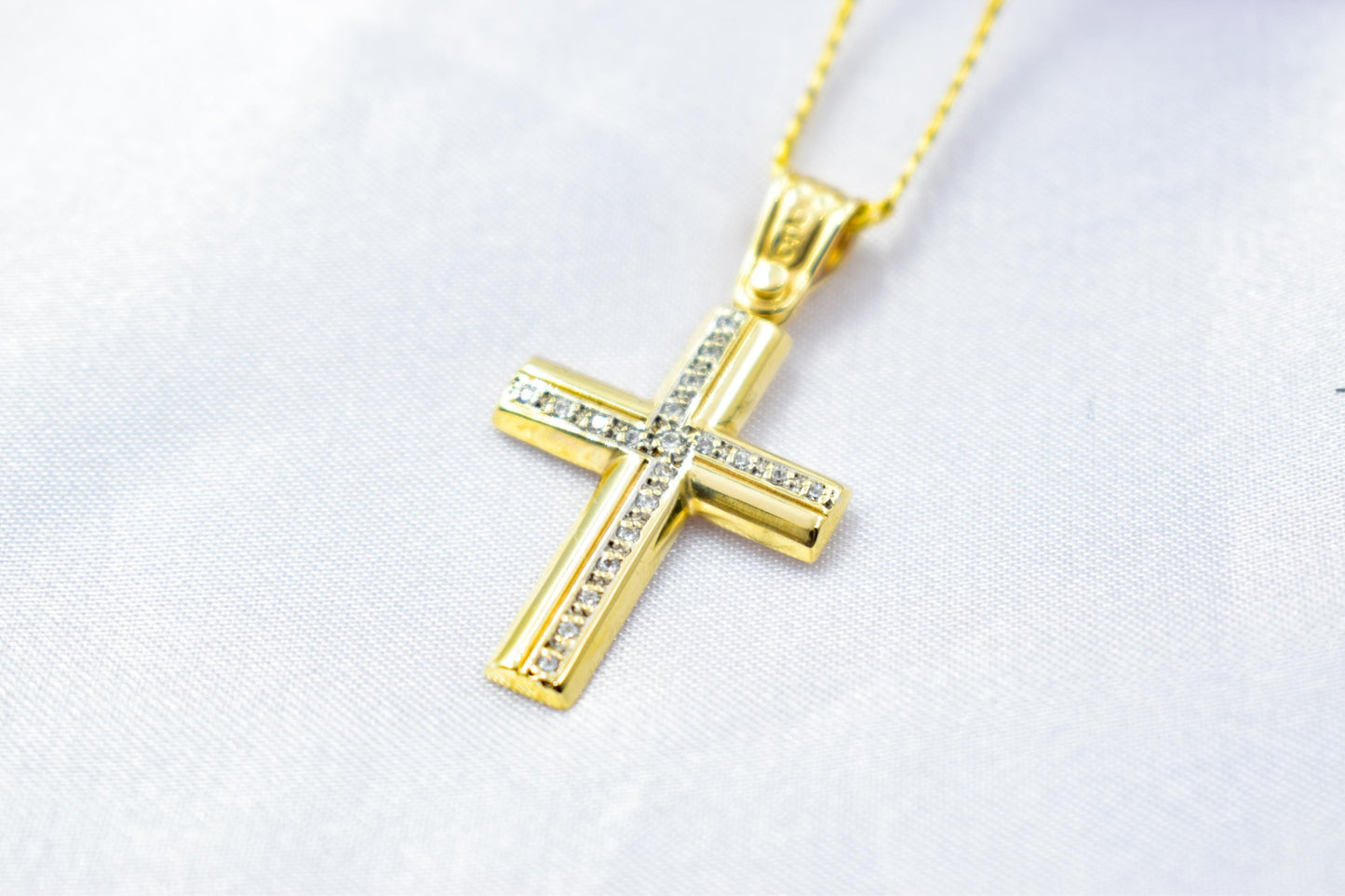 γυναικα 14K Gold Cross Pendant with Zircon Stones | Handcrafted Christian Jewellery | Minimal Design Cross | Women’s Men’s Gold Cross ,Baptism Gift