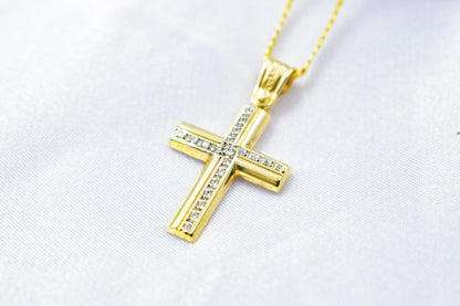 γυναικα 14K Gold Cross Pendant with Zircon Stones | Handcrafted Christian Jewellery | Minimal Design Cross | Women’s Men’s Gold Cross ,Baptism Gift