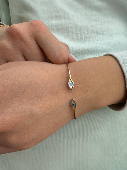 14K Gold Evil Eye Bracelet,Mother of Pearl Evil Eye,Lucky Bracelet,Blue Eye Bangle,Protective Gift for Everyday,Gold Gift for Mom & Her