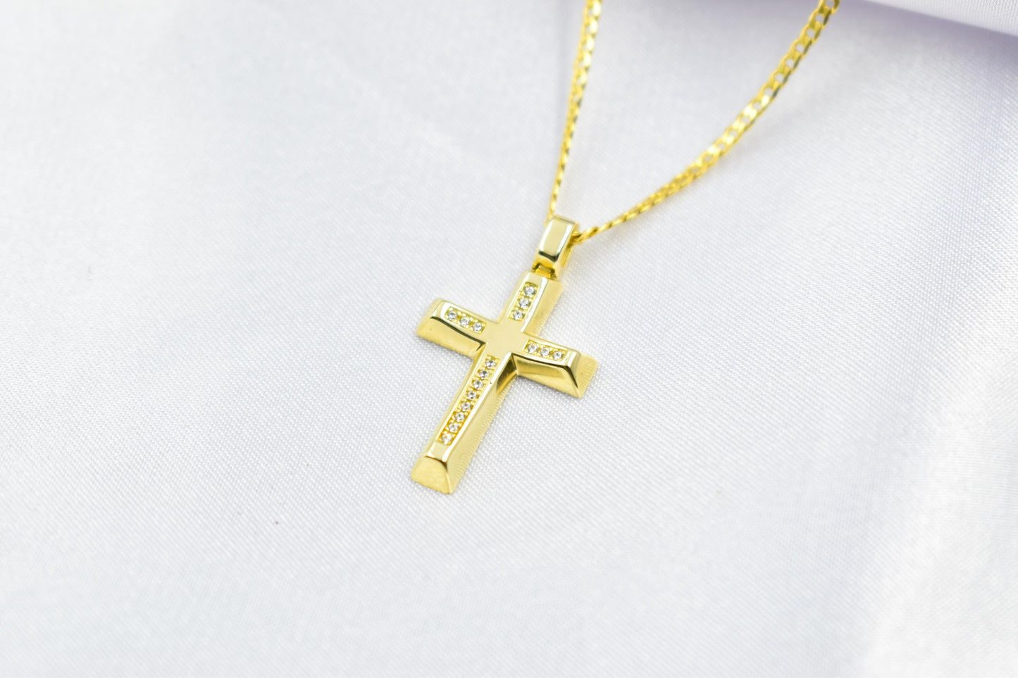 γυναικα 14K Gold Cross Pendant with Zircon Stones,Elegant Christian Necklace,Pendant Only, Complete Set with Chain,Women’s Men’s Cross,Baptism Gift