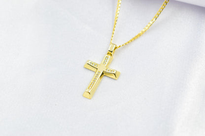 γυναικα 14K Gold Cross Pendant with Zircon Stones,Elegant Christian Necklace,Pendant Only, Complete Set with Chain,Women’s Men’s Cross,Baptism Gift