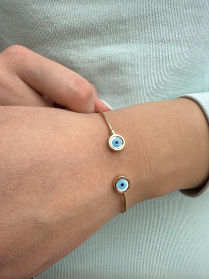 14K Gold Evil Eye Bracelet,Bangle Mother of Pearl Evil Eye,Lucky Bracelet,Eye Bangle,Protective Gift for Everyday Use,Perfect Gift for Her