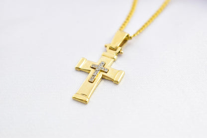 γυναικα 14K Solid Gold Cross Pendant with Sparkling Zircon Inner Cross,Orthodox-Inspired Design,Optional 14K Chain,Women’s Men’s Cross,Baptism Gift
