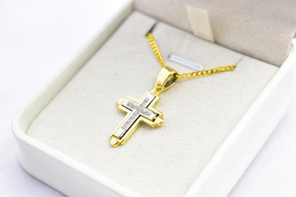 γυναικα 14K Solid Gold Cross Pendant White Zircon Stones,Two-Tone Yellow-White Gold Finish,Optional 14K Chain,Elegant Christian Gift for Men & Women