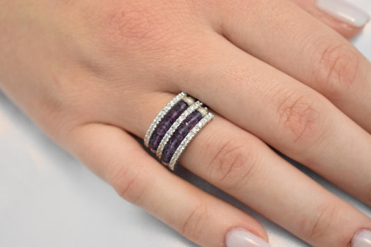 18K Solid Gold Ring with Two Rows of Rotating Amethysts,Elegant Unique Design Stackable Jewellery Ring,18K Wedding Ring for Her