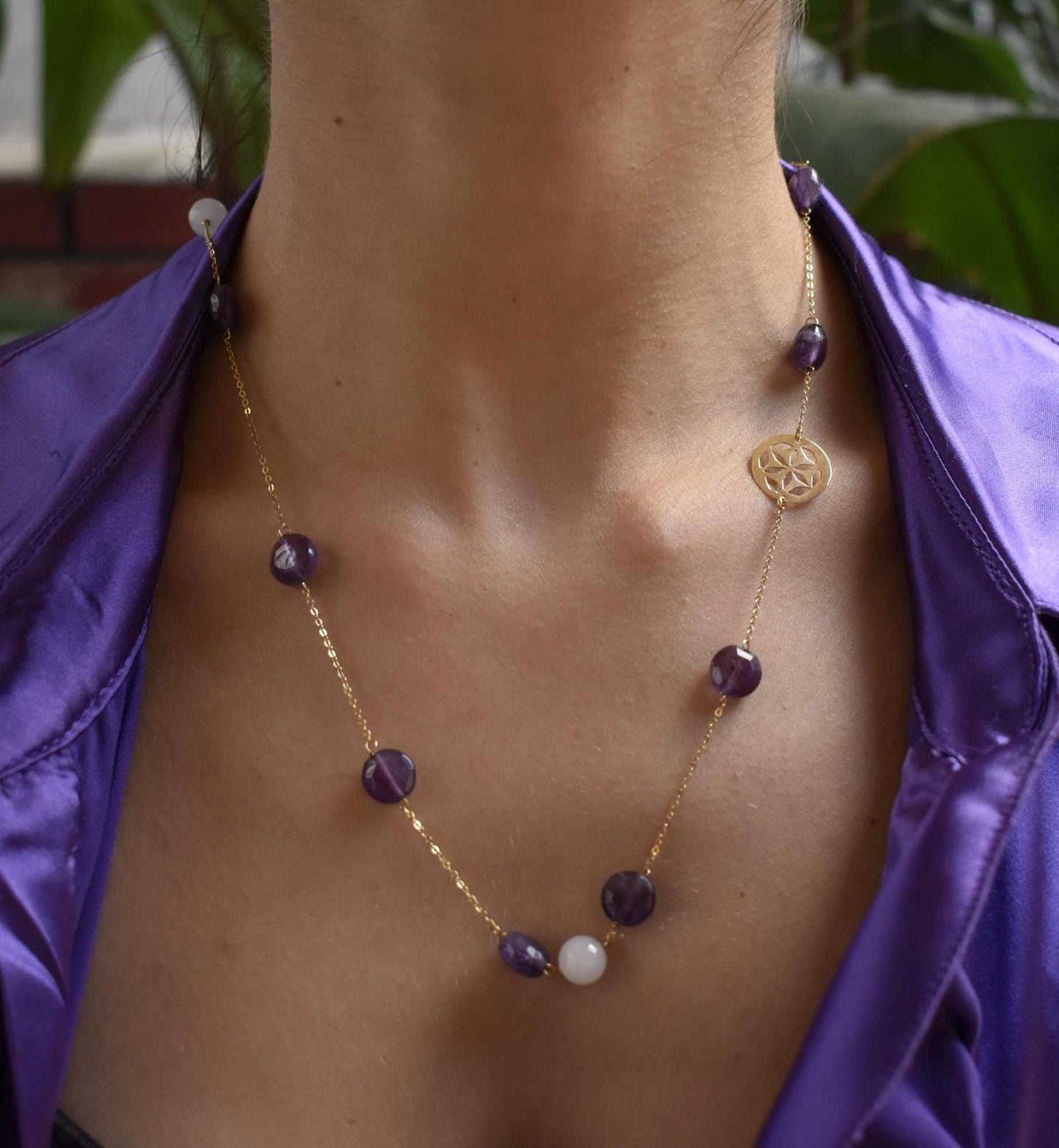 Χρυσό Κολιέ με Αμέθυστους και Μοτίβο 14Κ