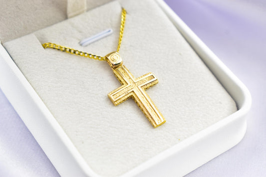 Ανδρικοί Σταυροί Handcrafted 14K Gold Cross Pendant Textured Design,Elegant Hollow Back Crucifix,Orthodox Christian Jewellery,Baptism Gift,Men & Women Chain
