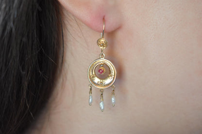 Σκουλαρίκια Boho με Ρουμπίνι & Μαργαριτάρια Κ14