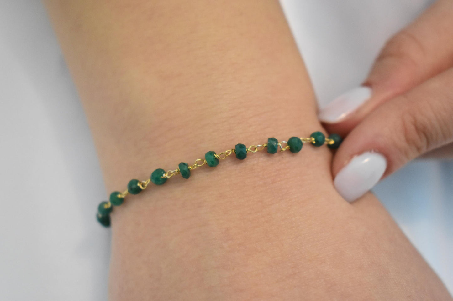 14K Gold Emerald Rosary Bracelet,Emerald Bracelet,Natural Emerald Chain Gold Bracelet,Real Emerald Bracelet,Gold Thin Chain Bracelet for Her