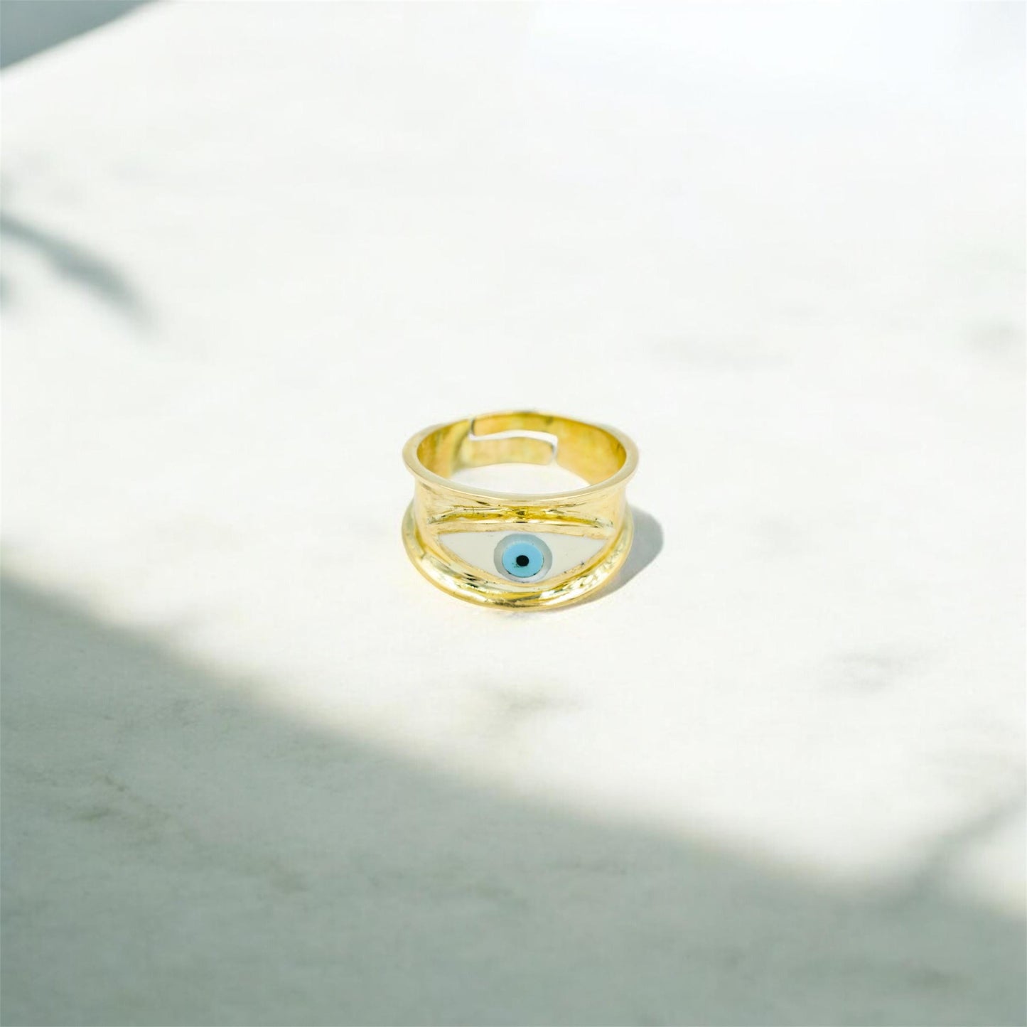 Χειροποίητο Δαχτυλίδι με Λευκό Σμάλτο Μάτι Κ14 - Αυξομειούμενο