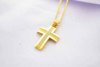 Ανδρικοί Σταυροί 14K Gold Polished Cross Pendant with Textured Center | Elegant Double-Sided Design | Men’s & Women’s Necklace Option , Baptism Gift