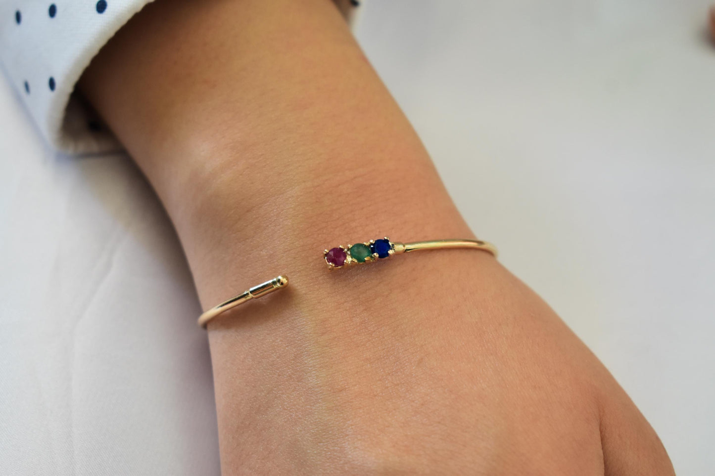 14K Gold Bracelet with Natural Ruby-Emerald-Sapphire,Dainty Cuff Bangle,Perfect Gift for Her,Minimalist Bracelet,Wedding & Engagement Jewel