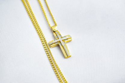 γυναικα 14K Solid Gold Embossed Cross Necklace with Zircon,Christian Pendant, Religious Gold Cross,14K Gold Baby Shower Cross Charm,Protective Gift