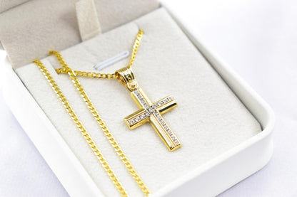γυναικα 14K Solid Gold Cross Pendant with White Zircon Stones – Optional Matching Chain – Unisex Baptism Gift, Women’s and Men’s Gold Cross