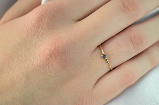 14K Solid Gold Thin Minimalist Ring–Round Small Purple Zircon,Stackable Jewellery Ring,Gold Band,Wedding & Engagement Ring for Her
