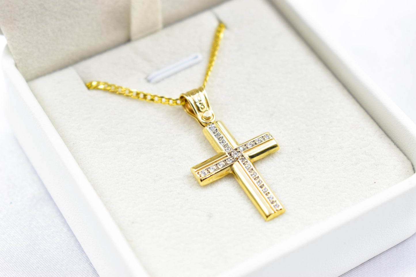 γυναικα 14K Gold Cross Pendant with Zircon Stones | Handcrafted Christian Jewellery | Minimal Design Cross | Women’s Men’s Gold Cross ,Baptism Gift