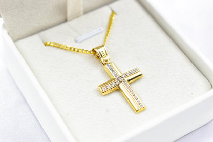 γυναικα 14K Gold Cross Pendant with Zircon Stones | Handcrafted Christian Jewellery | Minimal Design Cross | Women’s Men’s Gold Cross ,Baptism Gift