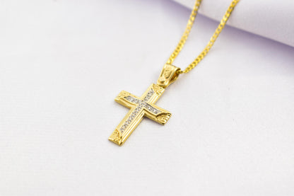 γυναικα 14K Solid Gold Cross Pendant with Zircon Stones – Unisex Baptism Religious Necklace Gift for Him or Her